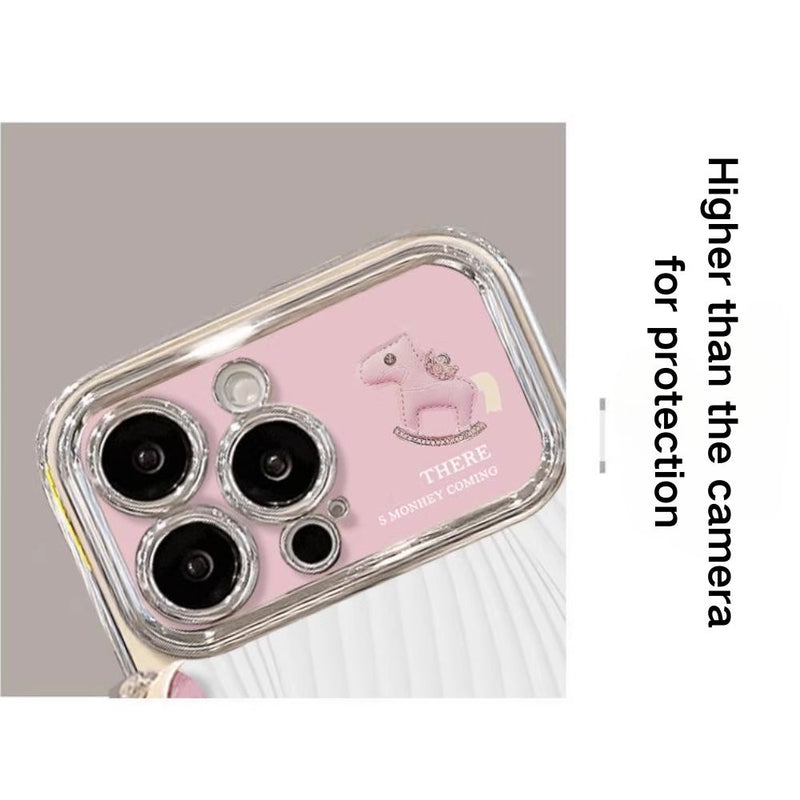 Load image into Gallery viewer, Apple iPhone 16/Plus/Pro/Max - Pink Pony Electroplated Lens Frame Hidden Stand Fashion-Forward Series Case With Sequin Bead Bracelet
