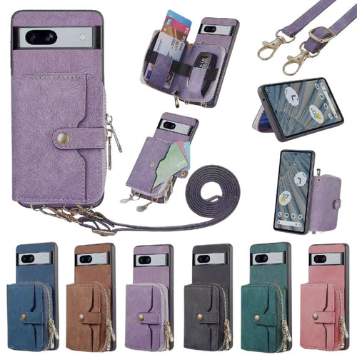 [With Card Slot] Google Pixel 8/8A/8 Pro - Women Crossbody Zip PU Leather Wallet With Lanyard Drop proof Case