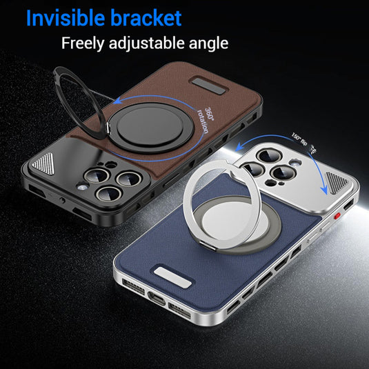 [Magsafe Compatible][Built-in Stand] Apple iPhone 15/Pro/Pro Max Aluminum Alloy Leather Magnetic Buckle Stand Case