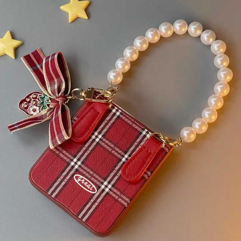 Load image into Gallery viewer, Samsung Galaxy Z Flip 5 (SM-F731) - Red Plaid Christmas Fashion-Forward Series Case With Wine-Red Plaid Bow Pendant + Pearl Chain
