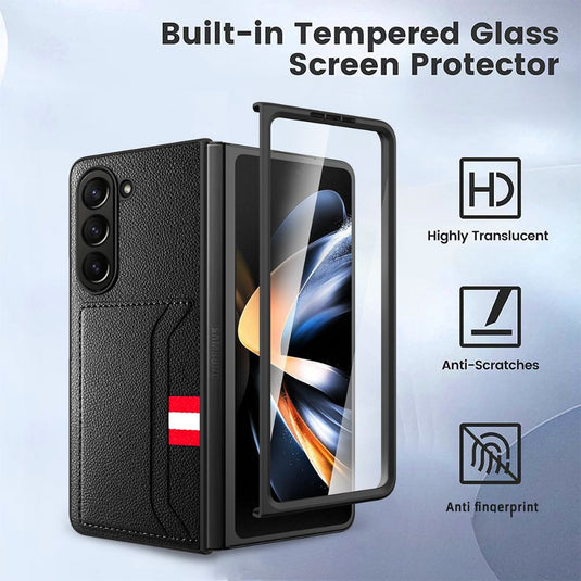 [With Card Slot] Samsung Galaxy Fold 4 (SM-F936) - 2-in-1 Design Tempered Glass Screen Protector + PU Leather Wallet Series Case