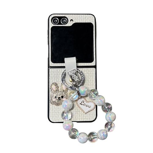 Samsung Galaxy Z Flip 5 (SM-F731) - Fashion Heart-shaped Water Drill Rabbit Knitted Pattern Case with Crystal Beads