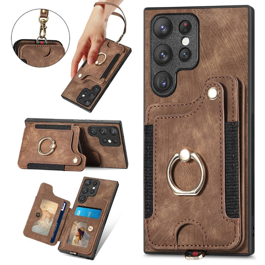 [With Card Slot] Samsung Galaxy S23/Plus/Ultra/FE - Anti-skimming PU Leather Stand Series Case With Leather Lanyard and Ring