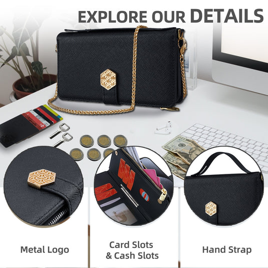 [With Card Slot] Motorola Moto Edge 5G (2024) - Women Crossbody Metal Clasp & Zipper Wallet Series Case With Hand Strap