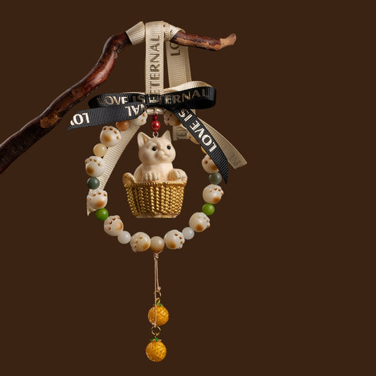 Natural Tagua Nut Flower Basket Cartoon Cat Car Rearview Mirror Pendant Car Interior Cute Creative Gift - i-Station Mobile Phone & Electronic Device Repair and Accessories