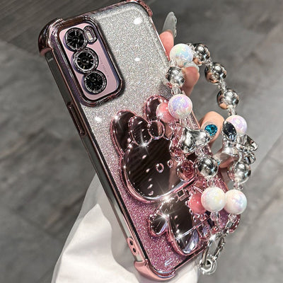 OPPO Reno 12 Pro 5G (CPH2629) - Rabbit Makeup Mirror Stand Series Case With Gradient Flash Card and Pearl Bracelet - i-Station Mobile Phone & Electronic Device Repair and Accessories