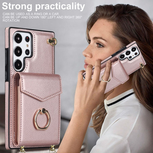 [With Card Slot] Samsung Galaxy S22/Plus/Ultra - Women Crossbody PU Leather Wallet Series Stand Case With Lanyard