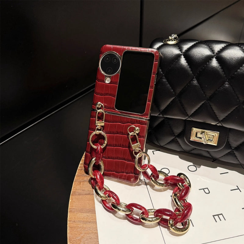 Load image into Gallery viewer, OPPO Find N3 Flip (PHT110) - Red Ins Style Crocodile Skin Pattern Genuine Leather Series Case With Hanging Chain
