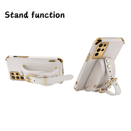 [Built-in Stand] Samsung Galaxy S23/Plus/Ultra - Business Crocodile Leather Series Stand Case With Wrist Strap