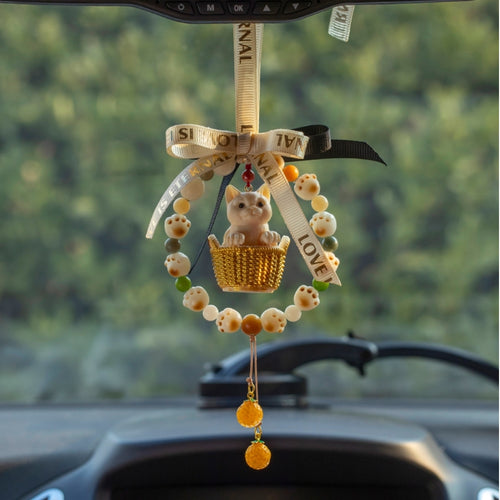 Natural Tagua Nut Flower Basket Cartoon Cat Car Rearview Mirror Pendant Car Interior Cute Creative Gift - i-Station Mobile Phone & Electronic Device Repair and Accessories