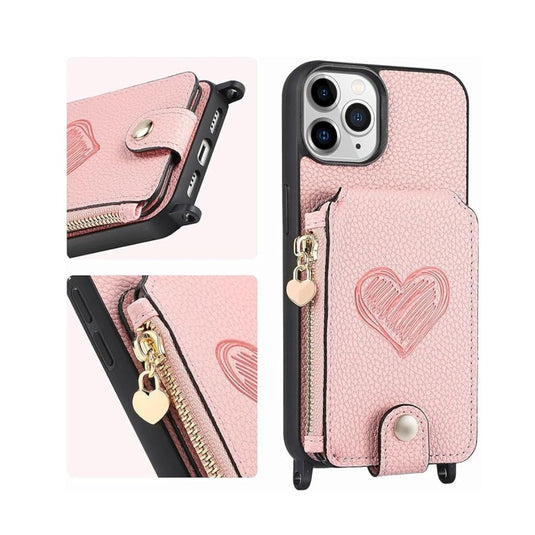 [With Card Slot][Car Magsafe Compatible] Apple iPhone 12/Pro/Max - Women Crossbody Zip Leather Wallet With Lanyard Drop proof Case