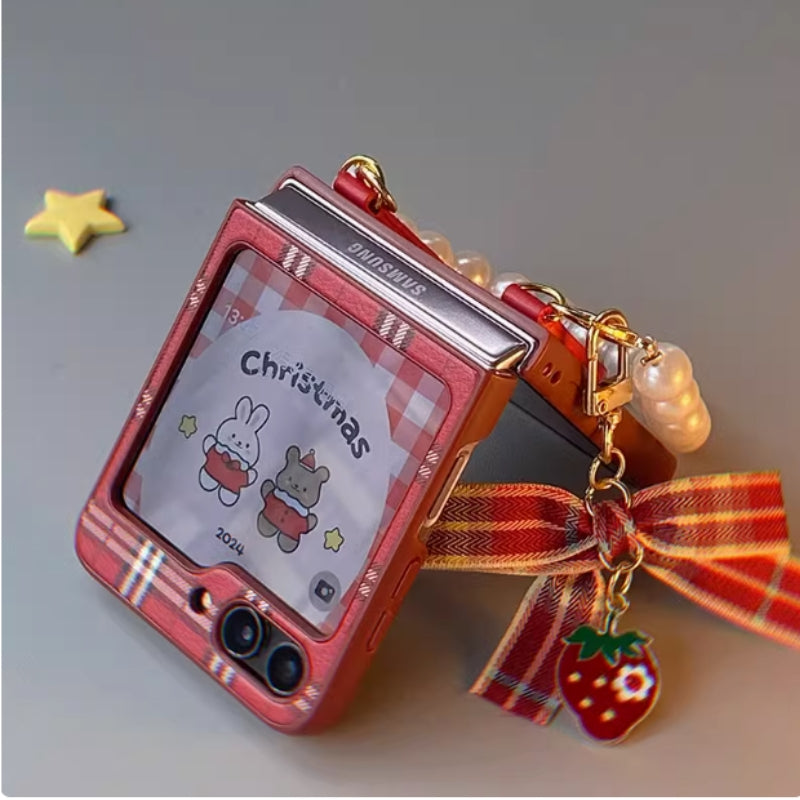 Load image into Gallery viewer, Samsung Galaxy Z Flip 5 (SM-F731) - Red Plaid Christmas Fashion-Forward Series Case With Wine-Red Plaid Bow Pendant + Pearl Chain
