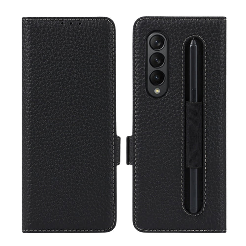 [With Pen Slot][With Card Slot] Samsung Galaxy Z Fold 5 5G (SM-F946B) - Business Drop Proof Genuine Leather Wallet Series Stand Case