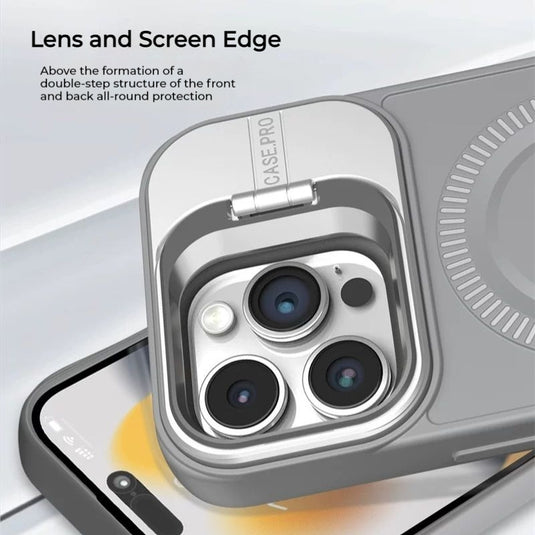 [Built-in Stand][With Lens Bracket] Apple iPhone 15/Plus/Pro/Max - Full Cover Soft Silicone Shockproof Protection Essentials Series Case