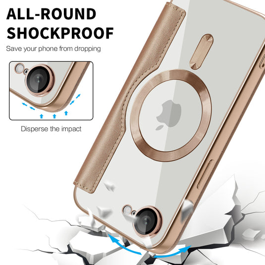 [Magsafe Compatible][With Card Slot] Apple iPhone 16e Golden Shield Magnetic Flip Leather Case