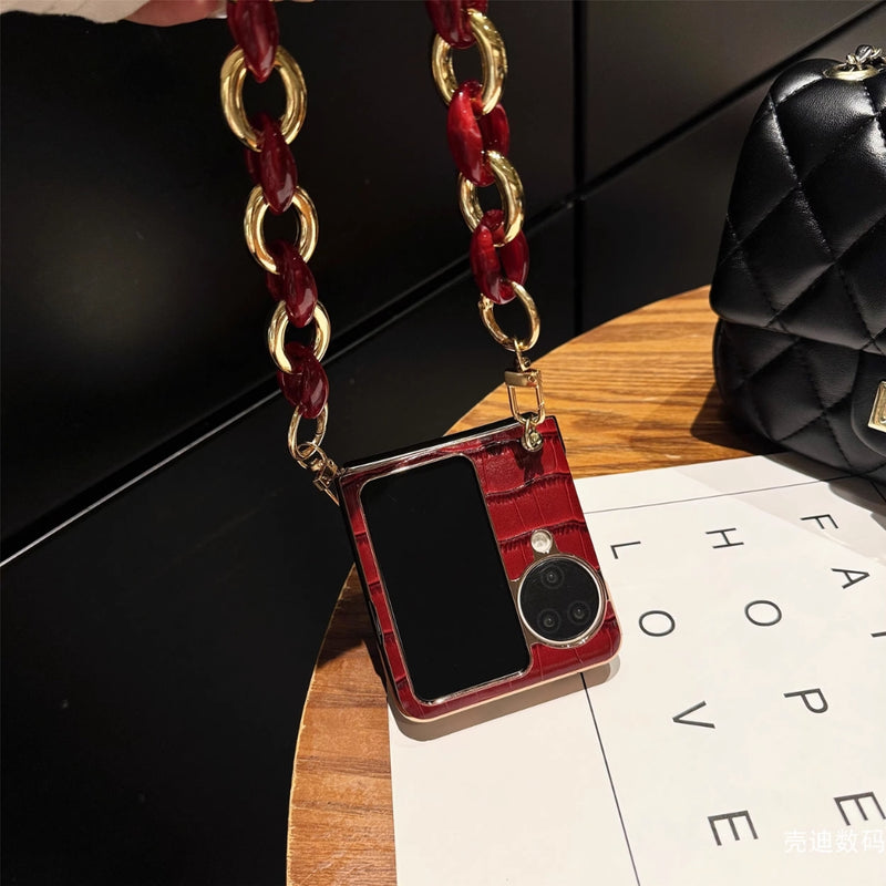 Load image into Gallery viewer, OPPO Find N3 Flip (PHT110) - Red Ins Style Crocodile Skin Pattern Genuine Leather Series Case With Hanging Chain
