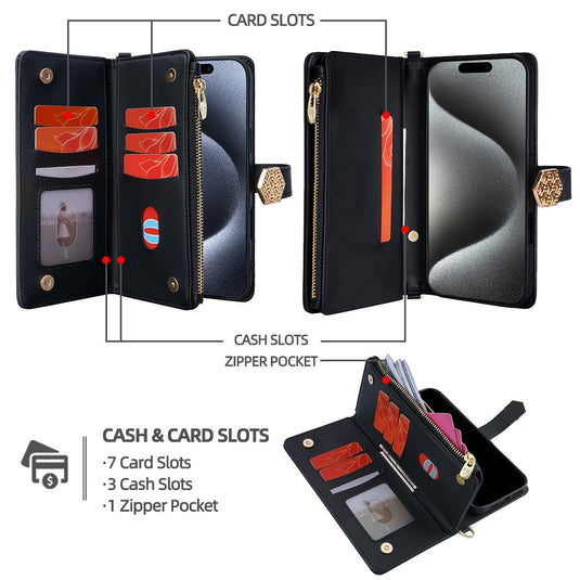 [With Card Slot] Motorola Moto G 5G (2024)/G Play 4G (2024) - Women Crossbody Metal Clasp & Zipper Wallet Series Case With Hand Strap