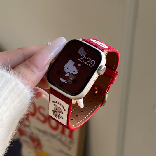 Apple Watch Series 1/2/3/4/5/6/SE/7/8/9/10/Ultra - Waffle Pattern Cartoon Animal Logo Leather Watch Band