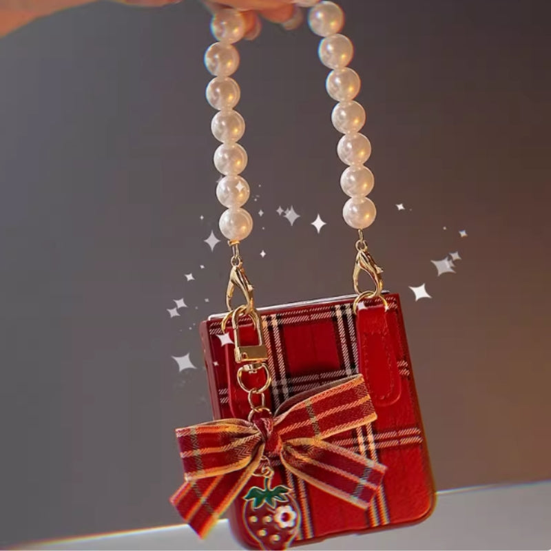 Load image into Gallery viewer, Samsung Galaxy Z Flip 5 (SM-F731) - Red Plaid Christmas Fashion-Forward Series Case With Wine-Red Plaid Bow Pendant + Pearl Chain
