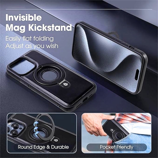 [With Phone Holder][Magsafe Compatible] Apple iPhone 15/Plus/Pro/Max - Metal Magnetic Invisible Stand Genuine Leather Series Case