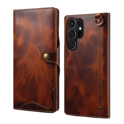 [With Card Slot] Samsung Galaxy S24/Plus/Ultra - Genuine Leather Flip Wallet Series Case With Leather Lanyard