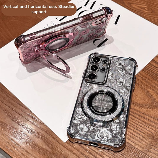 [Magsafe Compatible] Samsung Galaxy A54 5G (A546) - Fashion Flower Electroplated Frame Glitter Stand Case With Pearl Bracelet