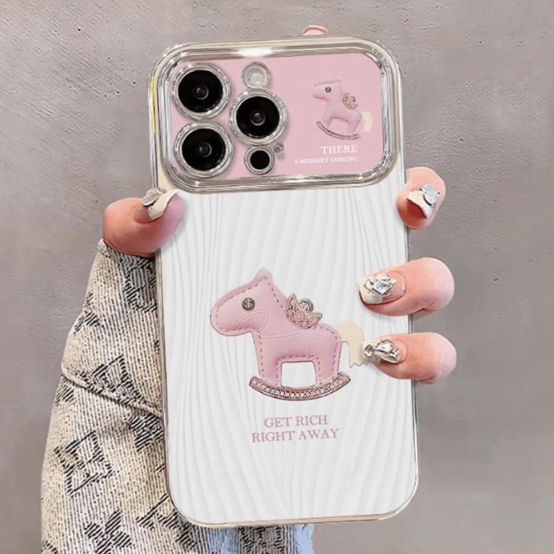 Load image into Gallery viewer, Apple iPhone 16/Plus/Pro/Max - Pink Pony Electroplated Lens Frame Hidden Stand Fashion-Forward Series Case With Sequin Bead Bracelet
