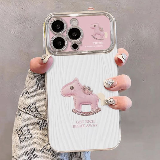 Apple iPhone 16/Plus/Pro/Max - Pink Pony Electroplated Lens Frame Hidden Stand Fashion-Forward Series Case With Sequin Bead Bracelet