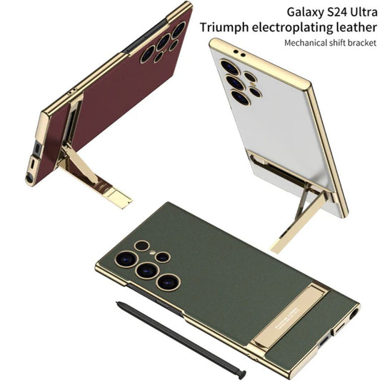 [Built-in Stand] Samsung Galaxy S24/Plus/Ultra - Business Metal Frame Wireless Charging PU Leather Stand Case