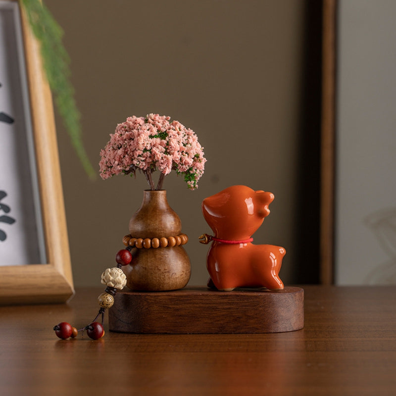 Load image into Gallery viewer, Pink Flower Ceramic Deer Walnut Wood Car Dashboard Ornament Car Interior Aroma Diffuser - i-Station Mobile Phone &amp; Electronic Device Repair and Accessories
