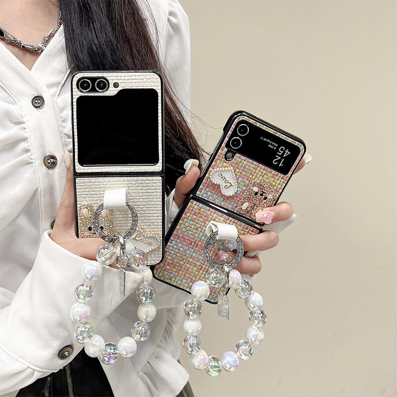 Load image into Gallery viewer, Samsung Galaxy Z Flip 4 (SM-F721) - Fashion Heart-shaped Water Drill Rabbit Knitted Pattern Case with Crystal Beads
