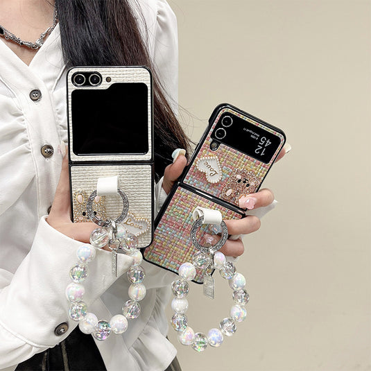 Samsung Galaxy Z Flip 4 (SM-F721) - Fashion Heart-shaped Water Drill Rabbit Knitted Pattern Case with Crystal Beads