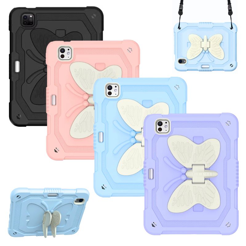 Load image into Gallery viewer, [With Pen Slot] [Built-in Stand] Apple iPad Pro 6th Gen (2022) 11&quot; - Child Friendly Silicone Cartoon Butterfly Fashion-Forward Series Case With Strap
