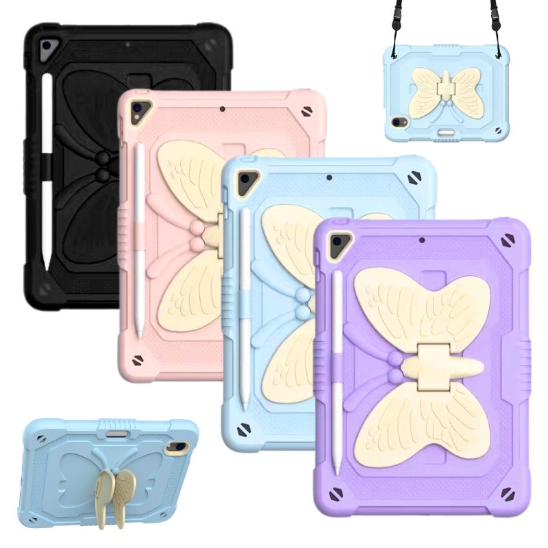 Load image into Gallery viewer, [With Pen Slot] [Built-in Stand] Apple iPad 7th/8th/9th Gen (2019/2020/2021) 10.2&quot; - Child Friendly Silicone Cartoon Butterfly Fashion-Forward Series Case With Strap
