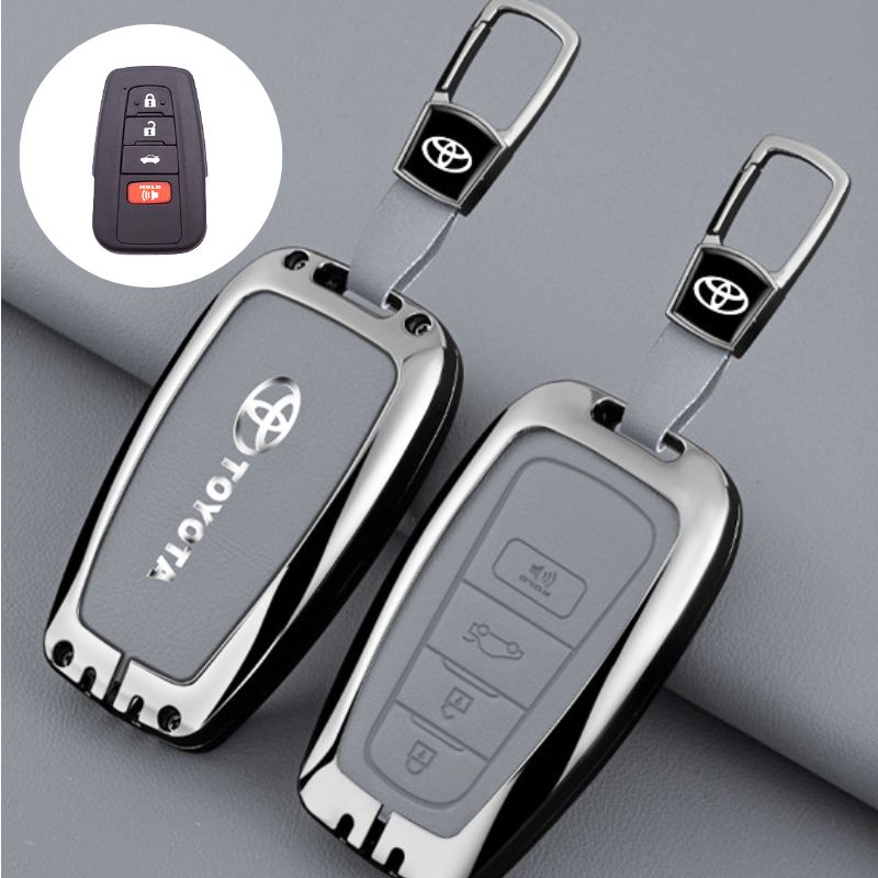 Load image into Gallery viewer, Toyota Full Metal Coverage + PU Leather Car Key Fob Case Cover For Camry, Corolla, RAV4, Highlander, C-HR, Prius, Avalon
