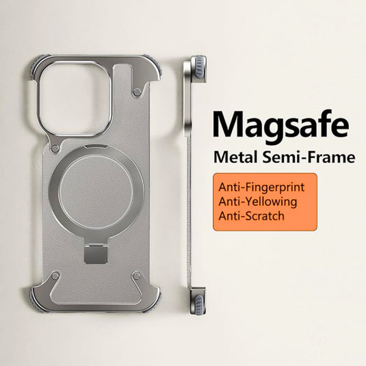 [With Phone Holder][Magsafe Compatible] Apple iPhone 12/Pro/Max - Frameless Stand Metal Genuine Leather Series Proof Case With 4 - Corner Invisible Air Cushion