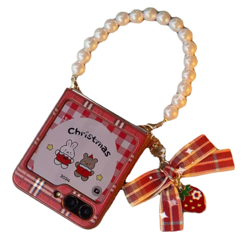 Samsung Galaxy Z Flip 5 (SM-F731) - Red Plaid Christmas Fashion-Forward Series Case With Wine-Red Plaid Bow Pendant + Pearl Chain