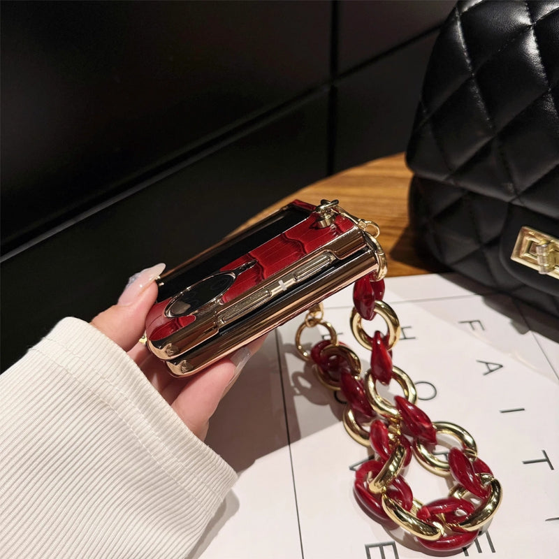 Load image into Gallery viewer, OPPO Find N3 Flip (PHT110) - Red Ins Style Crocodile Skin Pattern Genuine Leather Series Case With Hanging Chain
