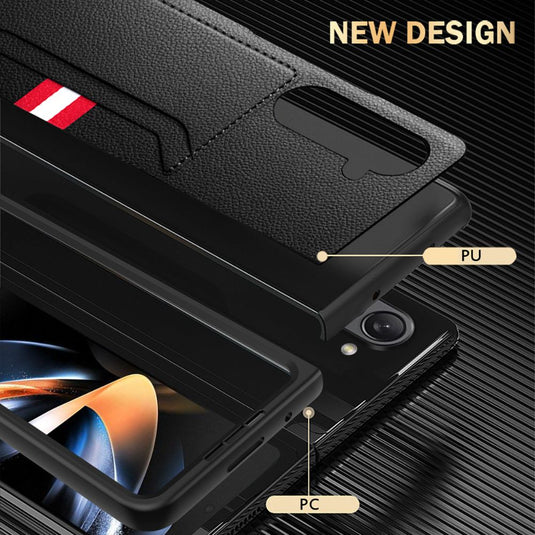 [With Card Slot] Samsung Galaxy Fold 4 (SM-F936) - 2-in-1 Design Tempered Glass Screen Protector + PU Leather Wallet Series Case