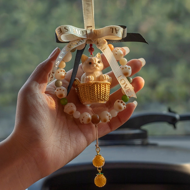 Load image into Gallery viewer, Natural Tagua Nut Flower Basket Cartoon Cat Car Rearview Mirror Pendant Car Interior Cute Creative Gift - i-Station Mobile Phone &amp; Electronic Device Repair and Accessories
