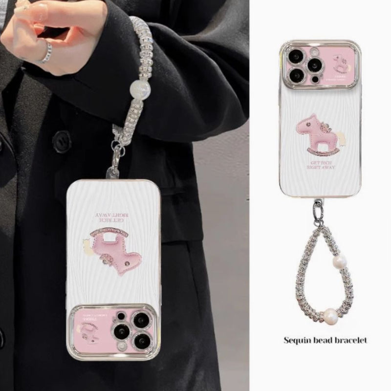 Load image into Gallery viewer, Apple iPhone 16/Plus/Pro/Max - Pink Pony Electroplated Lens Frame Hidden Stand Fashion-Forward Series Case With Sequin Bead Bracelet
