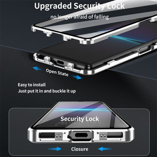 Sony Xperia 1 III - Magnetic Metal Frame Clear Tempered Glass Proof Case With Camera Protector - Black