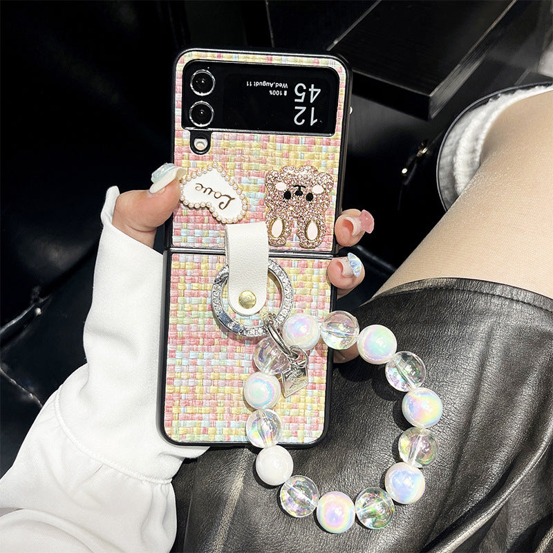 Load image into Gallery viewer, Samsung Galaxy Z Flip 6 (SM-F741B) - Fashion Heart-shaped Water Drill Rabbit Knitted Pattern Case with Crystal Beads
