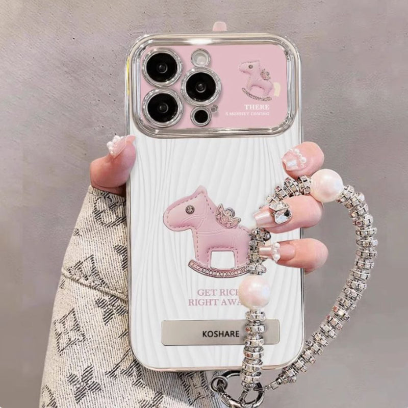 Load image into Gallery viewer, Apple iPhone 16/Plus/Pro/Max - Pink Pony Electroplated Lens Frame Hidden Stand Fashion-Forward Series Case With Sequin Bead Bracelet
