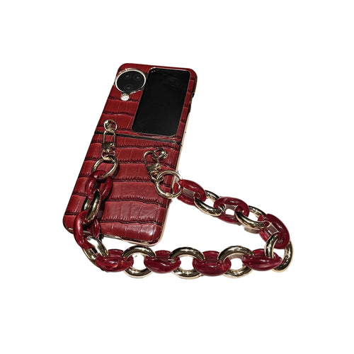 OPPO Find N2 Flip (CPH2437) - Red Ins Style Crocodile Skin Pattern Genuine Leather Series Case With Hanging Chain