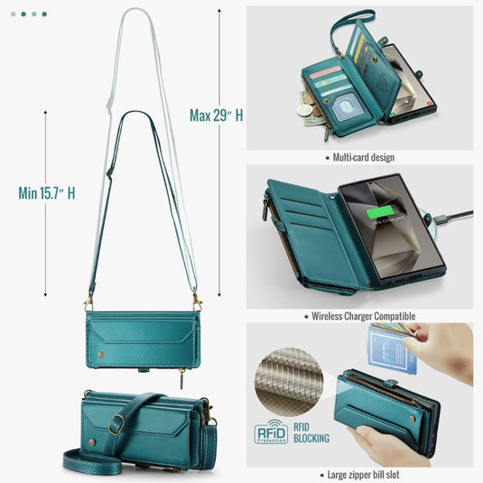 [With Card Slot] Samsung Galaxy S24/Plus/Ultra - Women Crossbody PU Leather Zipper Wallet Series Stand Case with Lanyard