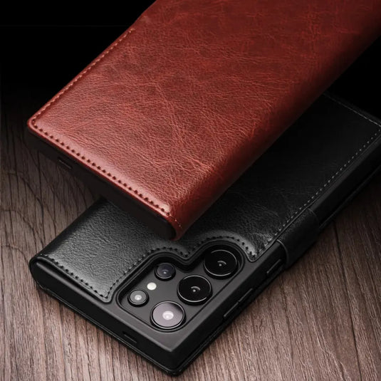 [With Card Slot] Samsung Galaxy S25/Plus/Ultra - Genuine Leather Flip Stand Wallet Series Case