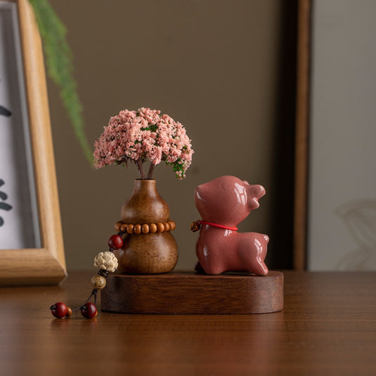 Pink Flower Ceramic Deer Walnut Wood Car Dashboard Ornament Car Interior Aroma Diffuser - i-Station Mobile Phone & Electronic Device Repair and Accessories