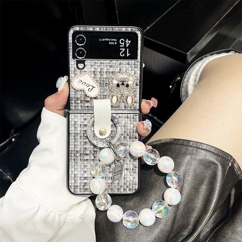 Load image into Gallery viewer, Samsung Galaxy Z Flip 4 (SM-F721) - Fashion Heart-shaped Water Drill Rabbit Knitted Pattern Case with Crystal Beads
