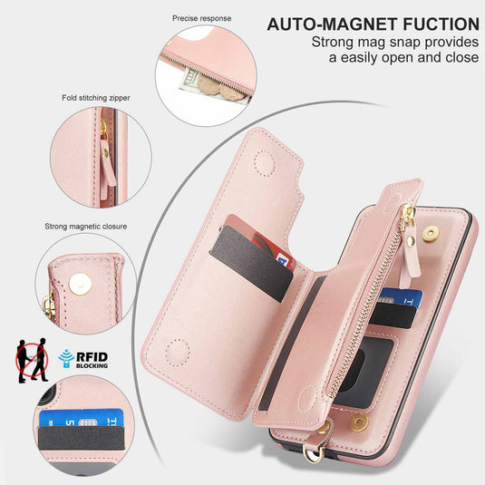 [With Card Slot] Samsung Galaxy S21/Plus/Ultra/FE - PU Leather RFID Blocking Wallet Series Stand Case With Long + Short Lanyard